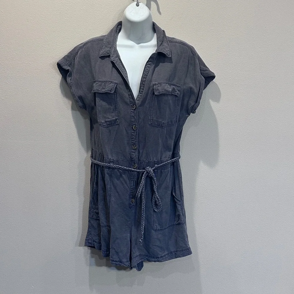 Nicole Miller New York Utility Romper Short Sleeve Belted Gray Women's M - Picture 1 of 9